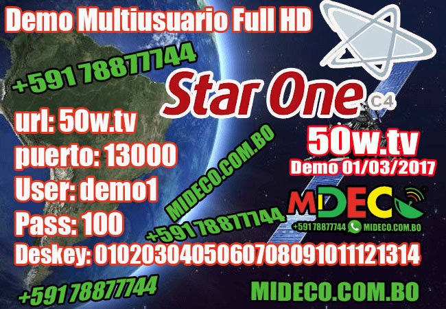 Disfruta de canales HD satélite StarOne 70w totalmente Gratis, cobertura en toda LatinoAmérica solo con el Demo Multiusuario -01/03/2017