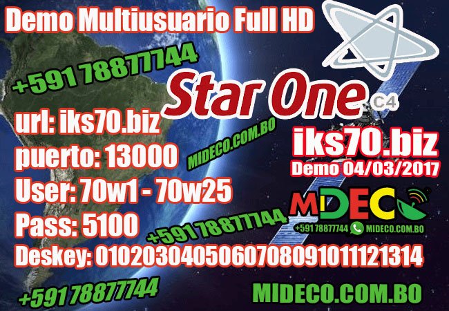 StarOne 70w Disfruta de canales HD con IKS Privado, Hoy Totalmente Gratis cobertura en toda LatinoAmérica – Demo Multiusuario – 04/03/2017