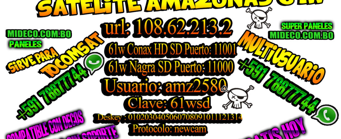 Demo IKS Gratis Satélite Amazonas 61w compatible con TOCOMSAT o con decos sin soporte – 09/10 Dic 2017 – Cobertura en toda LatinoAmérica – También tenemos IPTV +700 Canales