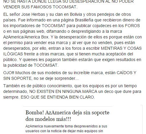 Página Brasileña que recibieron dinero de los importadores de TOCOMSAT para publicar cojudeces en los FOROS o en sus páginas web, difamando o desprestigiando a la marca AzAmerica/America Box.